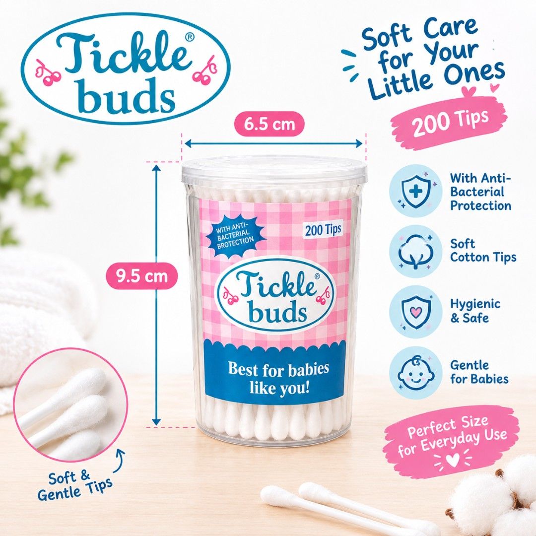 Tickle Buds Cotton Buds 200 Tips Tub (Category: Ear Care) located in Malabon City. Submitted by ph_ohkaye (Listing ID 1468369116, Image 2). Description: - Brand new, unopened, and sealed tub - Contains 200 soft cotton tips per container - Formulated with anti-bacterial protection - Specially designed for gentle baby care .