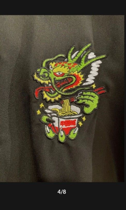 Tiger & Dragon Embroidered Oversized Sukajan Shirt (Category: Tshirts & Polo Shirts ) located in Midsayap. Submitted by indigoventure (Listing ID 1468308824, Image 3). Description: Japanese brand Excellent Condition 💯 color rate 9.8/10 no issue (overall condition) A sukajan shirt embroidered with a tiger holding nunchucks and a dragon eating noodles. Material: 80% polyester, 16% cotton, 4% spandex. Size L: Shoulder width 63cm, Chest width 61cm, 