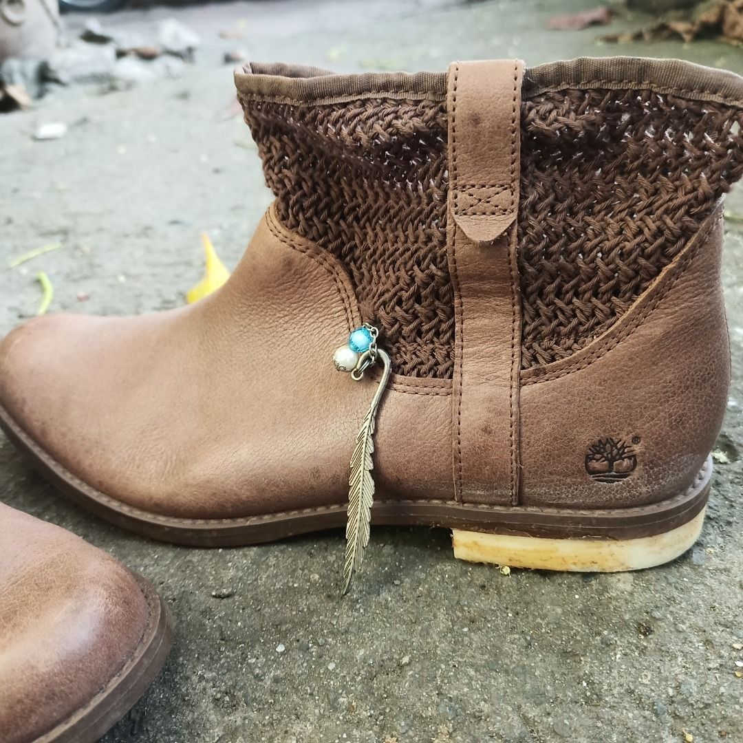 Timberlands Earthkeepers / Boho Knit Ankle Boots (Boho-Style Pull-On Booties). (Category: Boots) located in Cavite. Submitted by kurtgg.what (Listing ID 1468359824, Image 2). Description: Authentic timberlands! courier: j&t/lalamove - Brand: Timberland - Color: Brown - Material: Genuine leather - Style: Slip-on ankle boots with low wooden stacked heel - Unique Details: Crocheted knit collar and dangling side feather charm - Comfort: Equipped with
