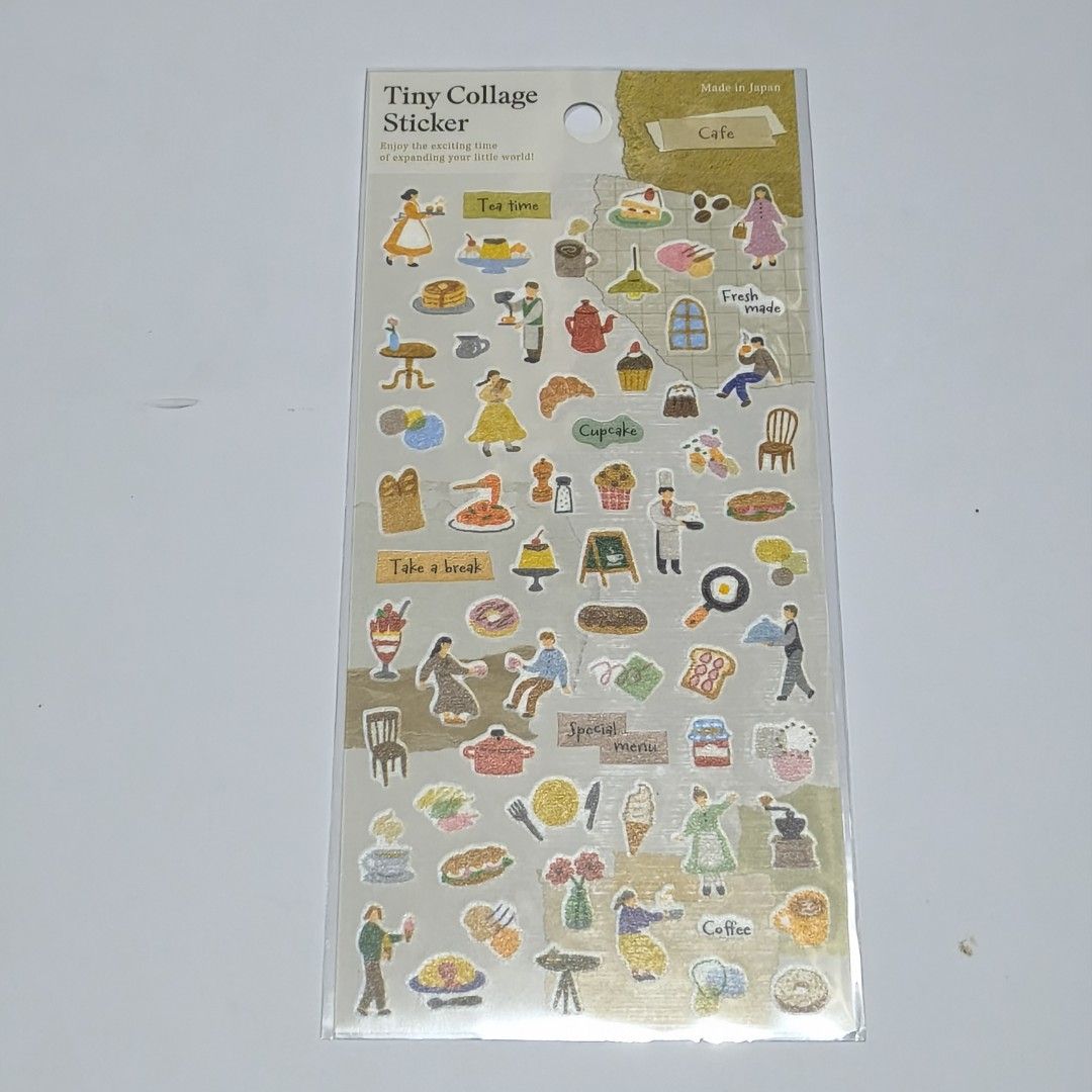 Tiny Collage Sticker Cafe Theme Made in Japan (Category: Art & Prints) located in Manila. Submitted by abbey.lee (Listing ID 1468380090, Image 1). Description: - Japanese import cafe-themed sticker sheet - Tiny collage designs including coffee cups, pastries, people, and food - Brand new and unopened in clear plastic sleeve - Perfect for journaling, scrapbooking, and planner decoration.