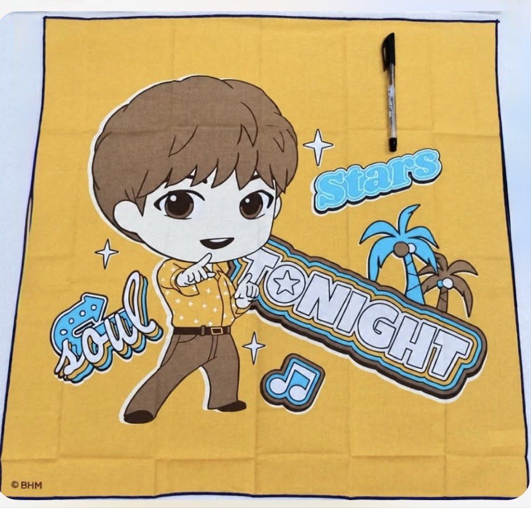 TinyTAN BTS Dynamite Jin big hanky (Category: K-Wave Merchandise) located in Marikina City. Submitted by culose (Listing ID 1468347374, Image 2). Description: - Official TinyTAN BTS merchandise with BHM copyright mark - Vibrant yellow design featuring Soul Tonight lettering and palm trees - Brand new, sealed in original clear plastic packaging - Includes holographic authenticity sticker - Perfect for BTS fans and collectors.