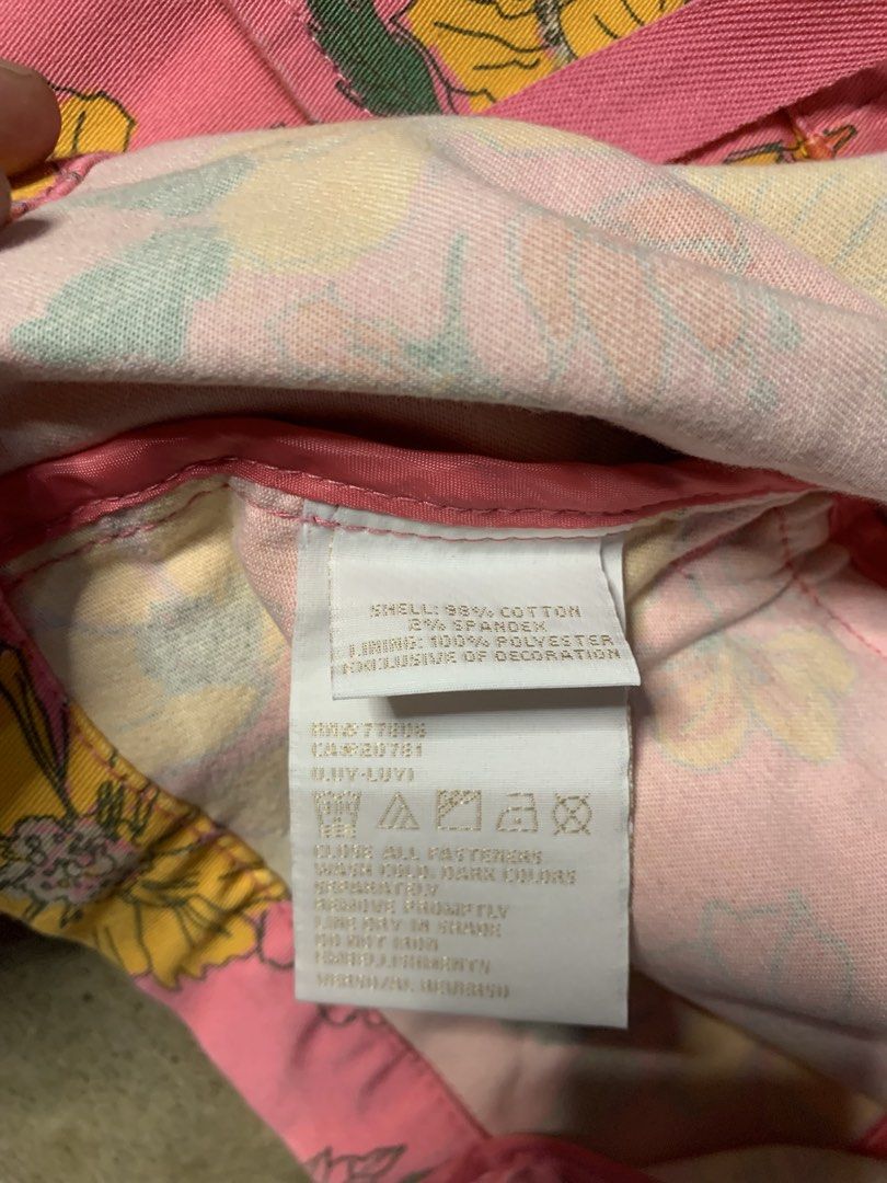 Tommy Jeans Floral Pink Blazer Jacket (Category: Coats, Jackets and Outerwear) located in Manila. Submitted by armamentoj94205 (Listing ID 1468374745, Image 3). Description: - Brand: Tommy Jeans - Size: M - Color/Pattern: Pink with yellow and orange floral print - Features: Long sleeves, lapel collar, front tie closure - Material: Cotton-spandex shell with polyester lining - Condition: Excellent, clean inside tag and lining - Style: Trendy, state