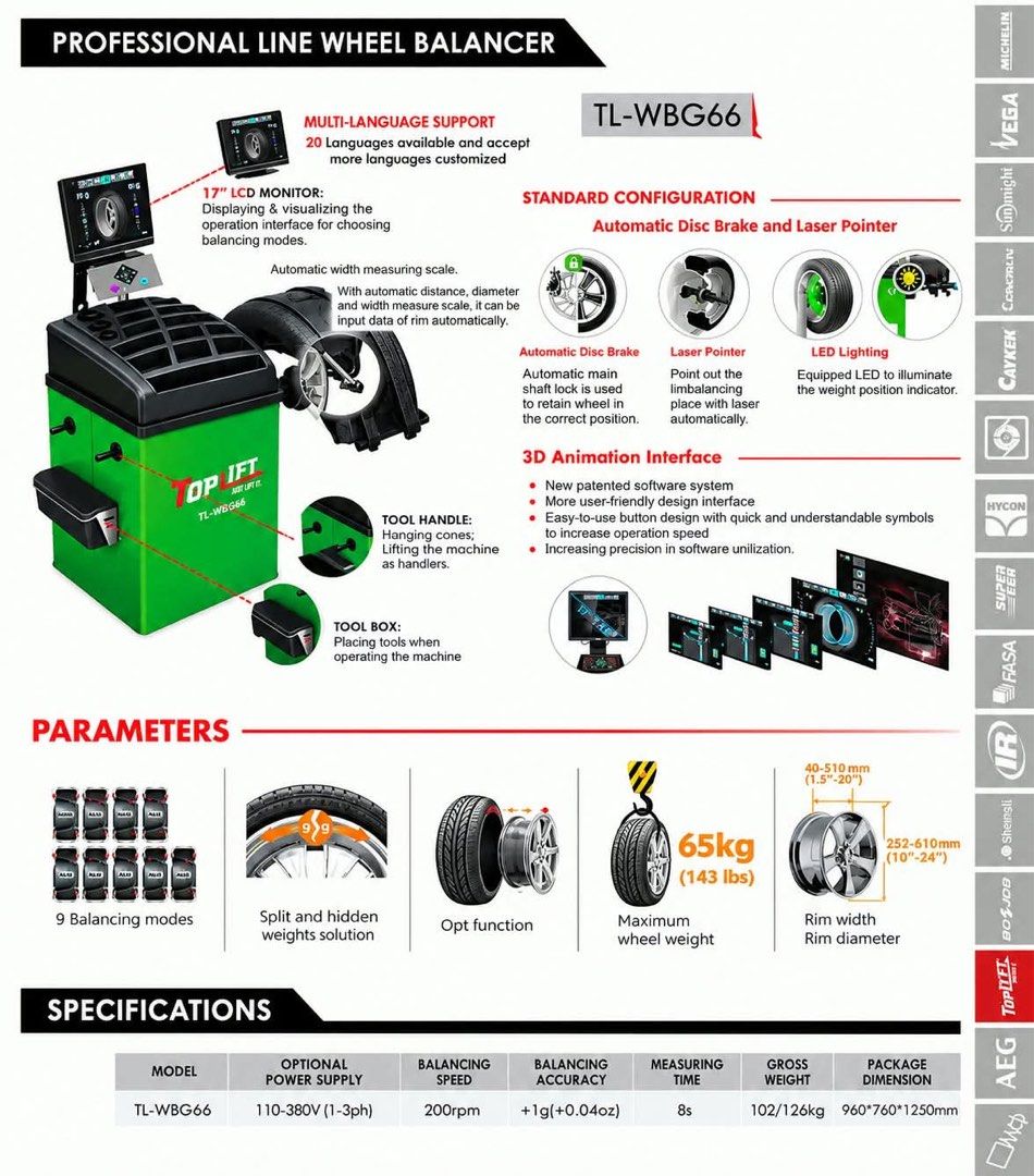 Toplift Professional Line (Category: Home Improvement Tools & Accessories) located in Manila. Submitted by silvermoon-2c89 (Listing ID 1468315527, Image 1). Description: Specifications Model: TL-WBG66 Optional Power Supply: 110-380V (1-3ph) Balancing Speed: 200rpm Balancing Accuracy: +1g(+0.04oz) Measuring Time: 8s Gross Weight: 102/126kg Package Dimension: 960*760*1250mm Available here at MEKTOOLS! 📍#50 J.P Rizal Poblacion Pandi, Bulacan. 📞 09