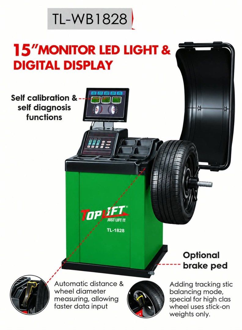 Toplift Wheel Balancer (Category: Home Improvement Tools & Accessories) located in Manila. Submitted by silvermoon-2c89 (Listing ID 1468314454, Image 1). Description: Specifications Model TL-WB1152 TL-WB1828 Optional Power Supply 220v (Single Phase) 220v (Single Phase) Optional Motor Power 0.20/0.37kw 0.20/0.37kw Balancing Speed 20rpm 20rpm Balancing Accuracy +1g(+0.04oz) 20rpm Measuring Time 8s 8s Gross Weight 77/79kg 100/122kg Package Dimension