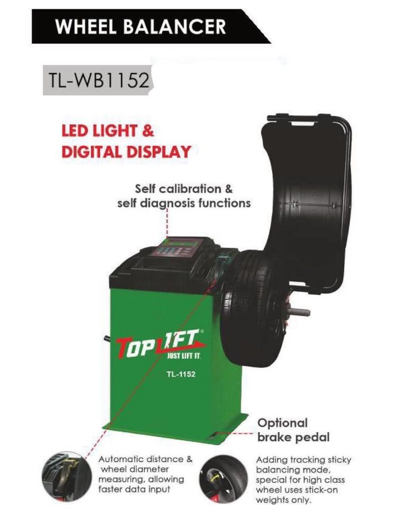 TOPLYFT WHEEL BALANCER (Category: Construction Tools & Equipment) located in Pandi. Submitted by maeloviila (Listing ID 1468294294, Image 1). Description: TOPLIFT WHEEL BALANCER – TL-WB1152 = ₱61,425 -TL-WB1828 = ₱82,875 Upgrade your tire service business with the TOPLIFT Wheel Balancer, designed for accurate, efficient, and reliable wheel balancing. Equipped with an LED light and digital display, this machine helps technicians achieve precise ba