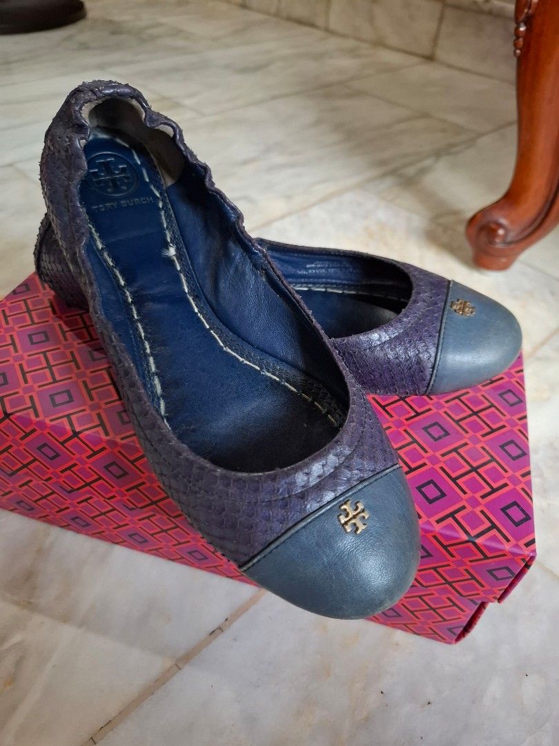 Tory Burch blue Python Print Cap-Toe Ballet Flats (Category: Flats & Sandals) located in Makati City. Submitted by itemsforless2025 (Listing ID 1468328031, Image 3). Description: - Brand: Tory Burch - Style: Python print leather ballet flats - Color: Blue, purple, and dark blue cap-toe - Hardware: Gold-tone logo medallion - Interior: Navy blue leather lining - Condition: Light scuffing on soles from normal wear, scratches soles, sewed soles - Inc