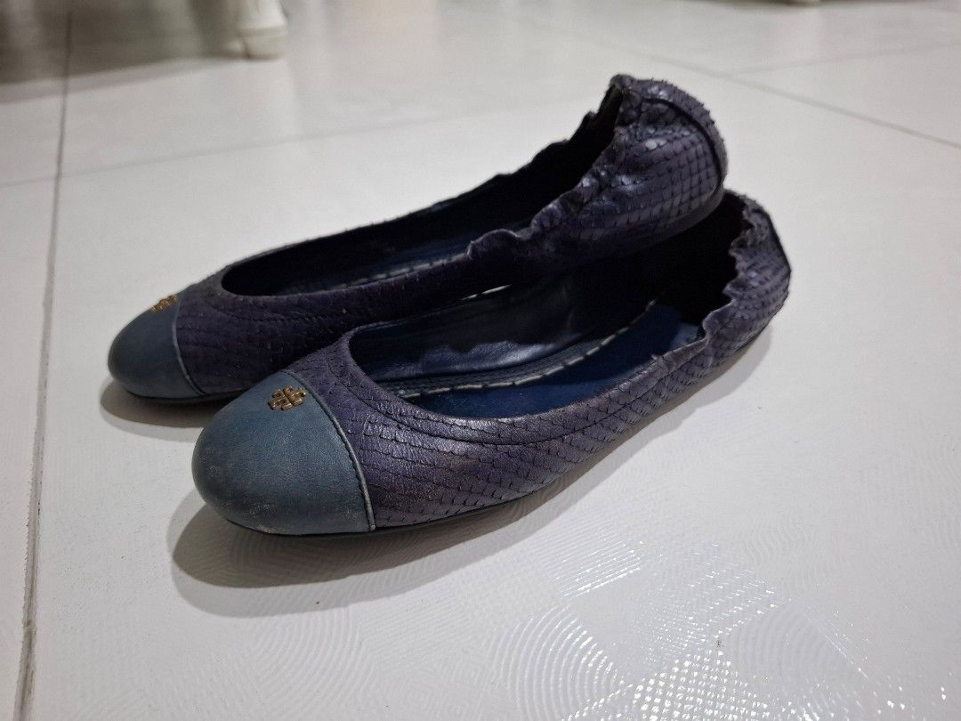 Tory Burch blue Python Print Cap-Toe Ballet Flats (Category: Flats & Sandals) located in Makati City. Submitted by itemsforless2025 (Listing ID 1468328031, Image 2). Description: - Brand: Tory Burch - Style: Python print leather ballet flats - Color: Blue, purple, and dark blue cap-toe - Hardware: Gold-tone logo medallion - Interior: Navy blue leather lining - Condition: Light scuffing on soles from normal wear, scratches soles, sewed soles - Inc
