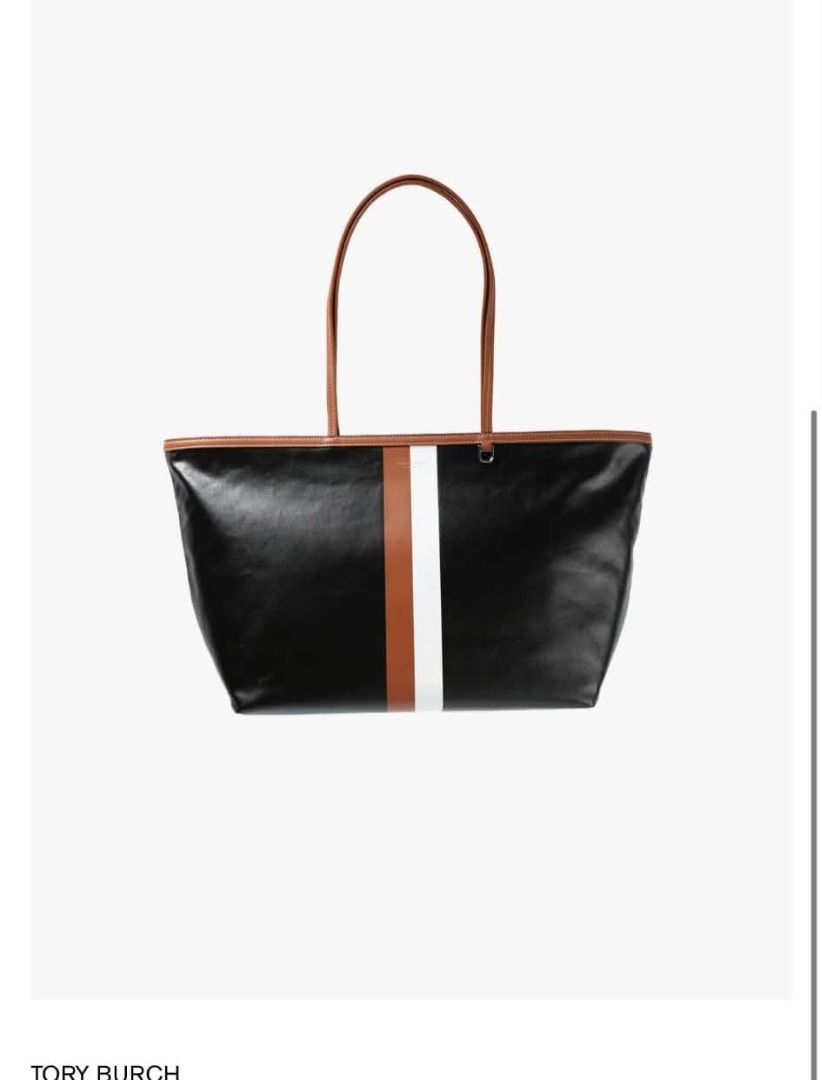 Tory Burch Perry Triple-Compartment Tote (Category: Luxury Bags & Wallets) located in Quezon City. Submitted by abk_storemandaluyong25 (Listing ID 1468454227, Image 1). Description: Product Details • Brand: Tory Burch • Model: Perry Stripe Triple-Compartment Tote • Colorway: Black with White and Luggage (Brown) Center Stripes • Materials: Durable textured coated canvas or Italian pebbled leather upper, with slim leather shoulder straps. • Design 