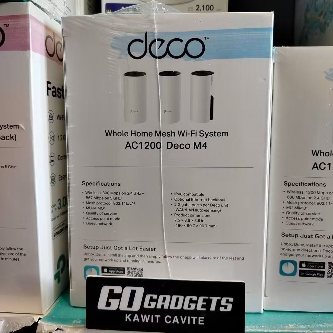 TP-Link Deco M4 AC1200 Whole Home Mesh WiFi System (Category: Networking) located in Caloocan City. Submitted by kentsalvador31 (Listing ID 1468366181, Image 1). Description: TP-Link Deco M4 AC1200 Whole Home Mesh WiFi System 3PACK SRP: 7,152.00 Go Gadgets - Kawit Cavite 💬 Message us now for full specs & recommendations! 🌐 Suitable for: ✅ Home WiFi upgrade ✅ Whole-home WiFi coverage ✅ Condo / apartment WiFi ✅ Office WiFi setup ✅ Business WiFi s