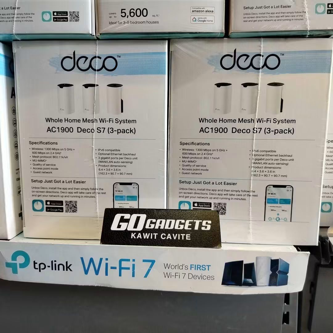 TP-Link Deco S7 AC1900 Whole Home Mesh WiFi System (Category: Networking) located in Caloocan City. Submitted by kentsalvador31 (Listing ID 1468365893, Image 1). Description: TP-Link Deco S7 AC1900 Whole Home Mesh WiFi System Full Gigabit Port Dual Band 3PACK SRP: 7,152.00 Go Gadgets - Kawit Cavite 💬 Message us now for full specs & recommendations! 🌐 Suitable for: ✅ Home WiFi upgrade ✅ Whole-home WiFi coverage ✅ Condo / apartment WiFi ✅ Office 