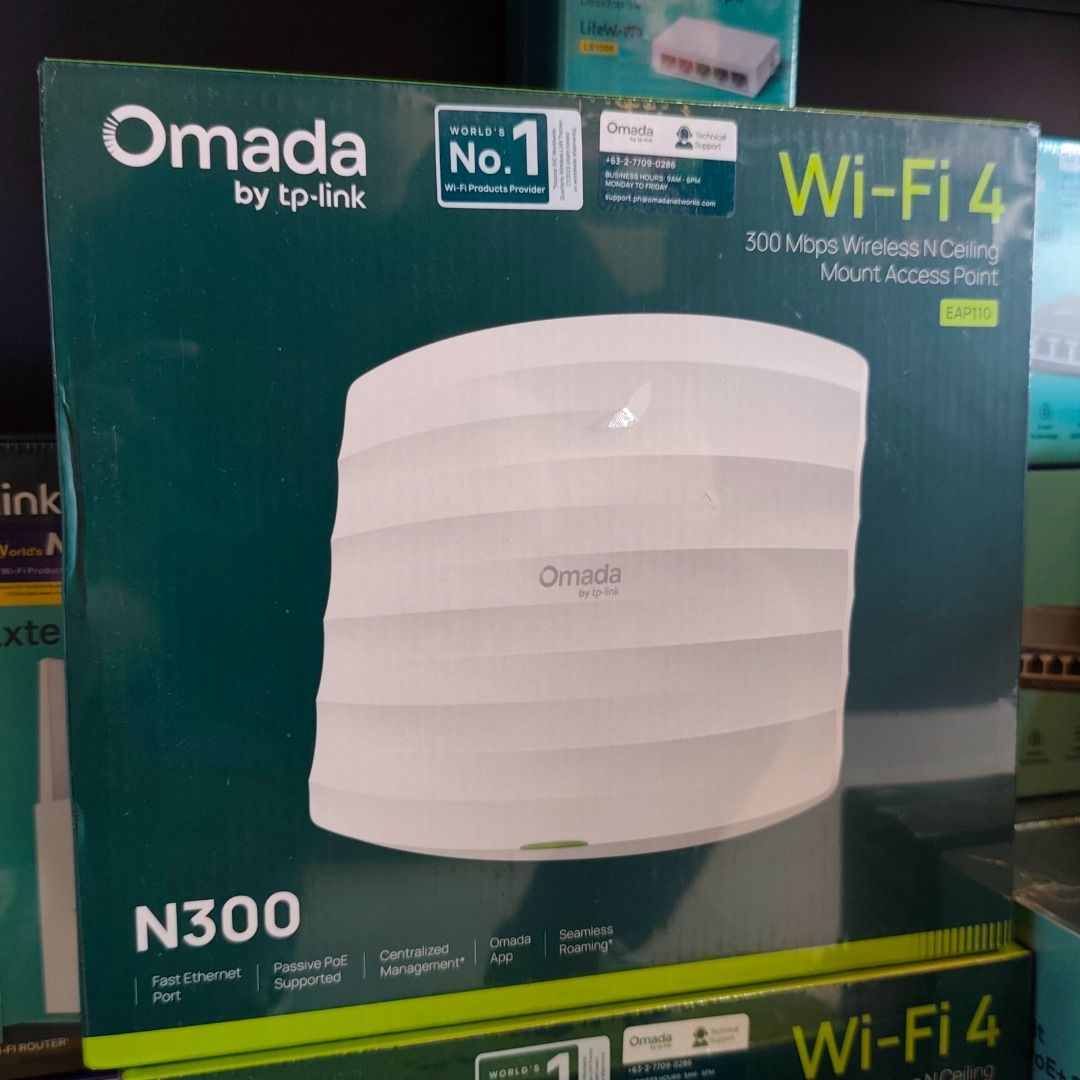 TP-Link EAP110 Omada N300 Wireless N Ceiling Mount Access Point (Category: Networking) located in Cavite. Submitted by jerickher83429 (Listing ID 1468384189, Image 1). Description: - Brand: TP-Link Omada (N300 / Wi-Fi 4) - Design: Ceiling mount, factory sealed packaging - Features: Fast Ethernet port, passive PoE support, seamless roaming - Management: Centralized control via Omada app - Ideal for: Reliable home or office network setups.