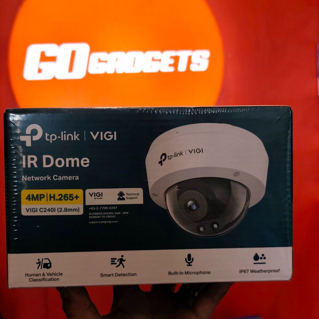 TP-Link VIGI C240I 4MP IR Dome Network Camera (Category: Security Systems & CCTV Cameras) located in Cavite. Submitted by jerickher83429 (Listing ID 1468378304, Image 1). Description: - Brand new, factory-sealed TP-Link VIGI C240I network camera - Crisp 4MP high-resolution video with efficient H.265+ compression - Built-in microphone for reliable audio recording - IP67 weatherproof rating, ideal for both indoor and outdoor use - Smart detection t