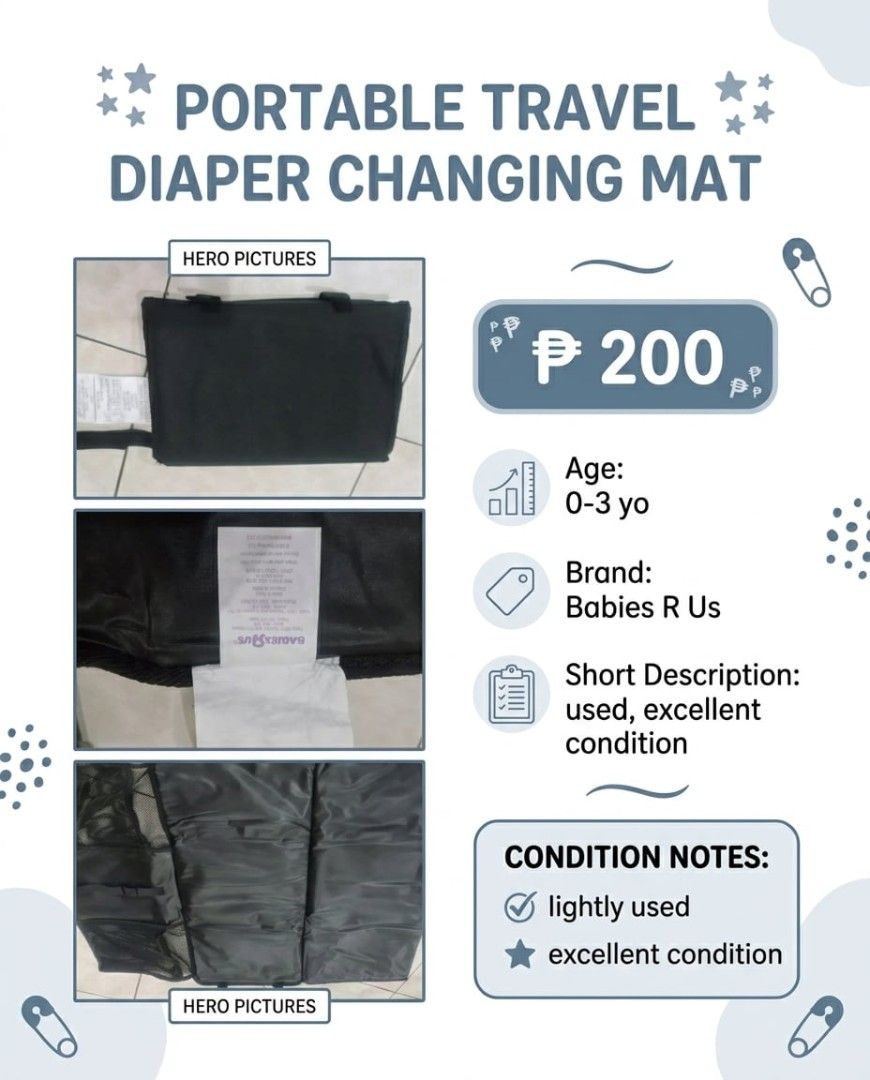 Travel Portable Changing Mat (Category: Changing Mats & Accessories) located in Pasig City. Submitted by jam1ekow (Listing ID 1468368643, Image 1). Description: Babies R Us brand lightly used no issues has additional pockets inside.