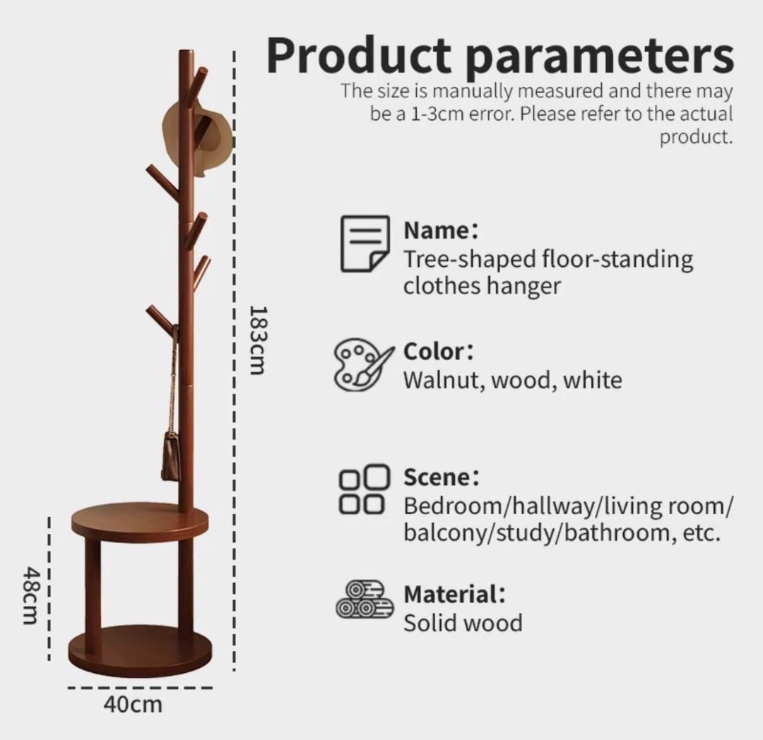 Tree-shaped floor-standing clothes hanger with double-layer storage rack (Category: Clothes Drying Rack) located in Makati City. Submitted by elena.xxx (Listing ID 1468433976, Image 3). Description: Decluttering - Material: Solid wood with a stylish walnut finish - Design: Tree-shaped with multi-angle hanging rods for coats, hats, bags, scarves, and umbrellas - Storage: Convenient double-layer storage shelf at the base - Dimensions: 183cm overall