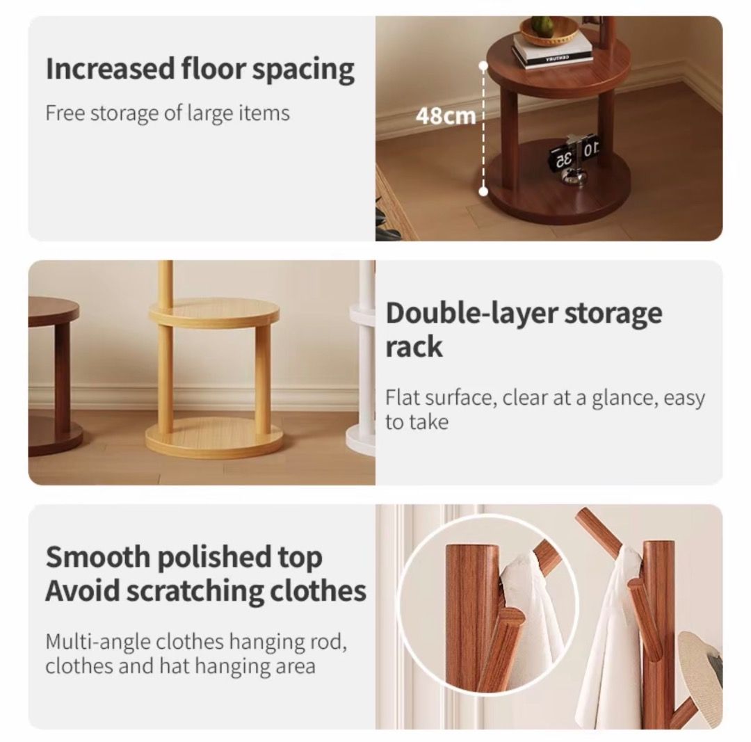 Tree-shaped floor-standing clothes hanger with double-layer storage rack (Category: Clothes Drying Rack) located in Makati City. Submitted by elena.xxx (Listing ID 1468433976, Image 1). Description: Decluttering - Material: Solid wood with a stylish walnut finish - Design: Tree-shaped with multi-angle hanging rods for coats, hats, bags, scarves, and umbrellas - Storage: Convenient double-layer storage shelf at the base - Dimensions: 183cm overall