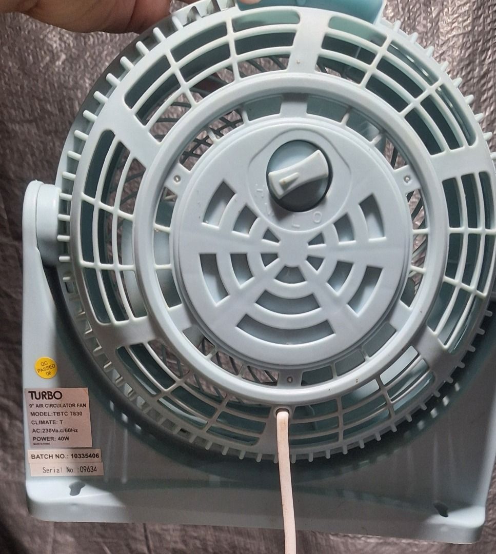 TURBO Fan (Category: Fans) located in General Trias. Submitted by aeunice (Listing ID 1468334610, Image 2). Description: Brand: Turbo Color: Pastel blue Turbo 9-inch air circulator fan (Model TBTC 7836). Features a 40W motor, manual rear speed control and adjustable vertical tilt. Compact and perfect for any home or office desk. Meet up / Shipping via Lalamove, JnT, Gogo Express & LBC .