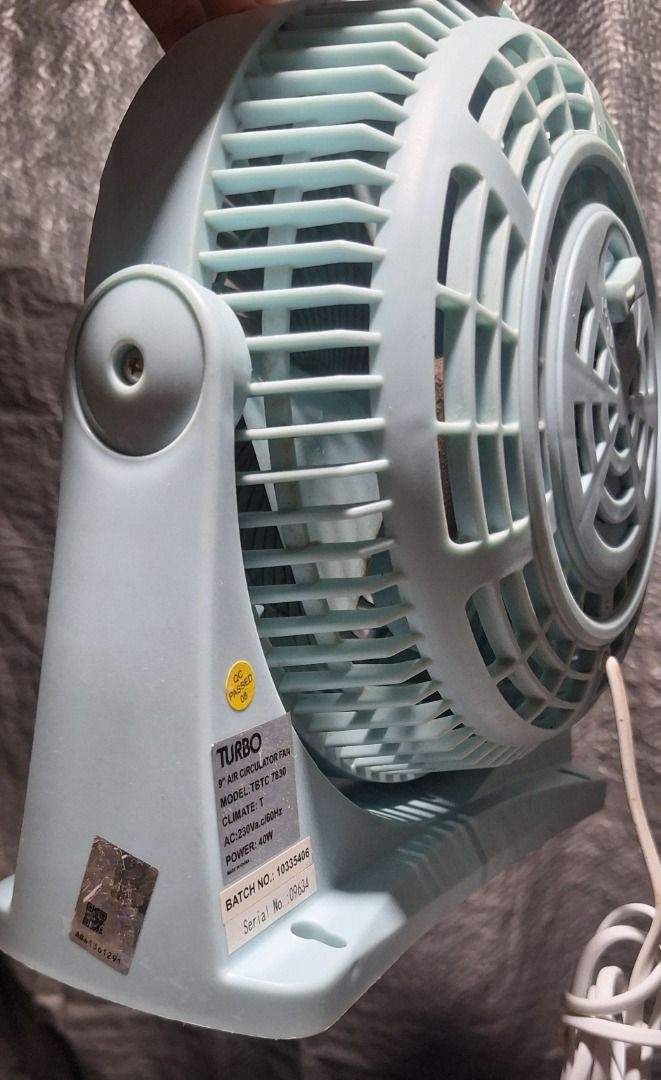TURBO Fan (Category: Fans) located in General Trias. Submitted by aeunice (Listing ID 1468334610, Image 3). Description: Brand: Turbo Color: Pastel blue Turbo 9-inch air circulator fan (Model TBTC 7836). Features a 40W motor, manual rear speed control and adjustable vertical tilt. Compact and perfect for any home or office desk. Meet up / Shipping via Lalamove, JnT, Gogo Express & LBC .