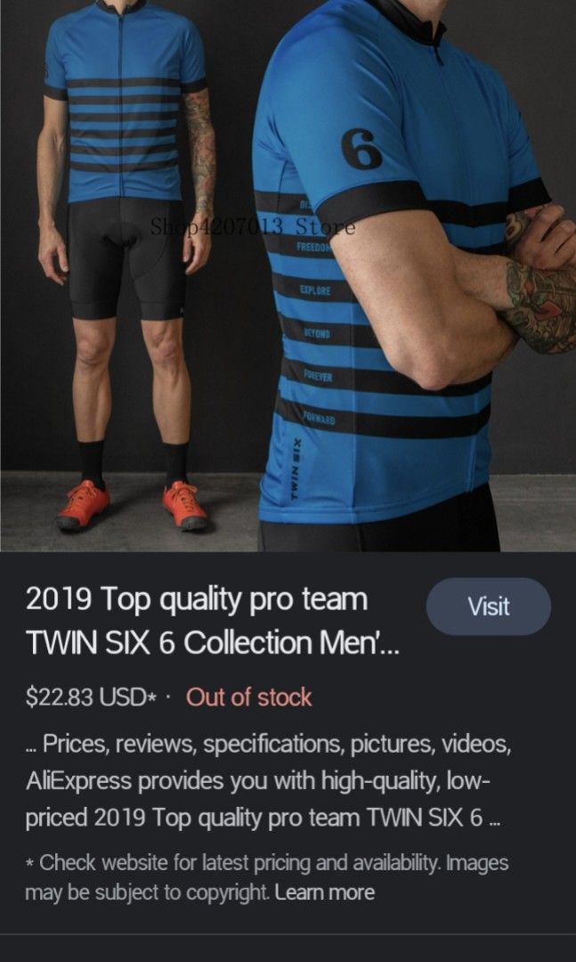 TWIN SIX 6 CYCLING JERSEY (Category: Activewear) located in Cabuyao City. Submitted by Bike_Clothing10 (Listing ID 1468327430, Image 2). Description: READ FIRST.. FOR SALE: TWIN 6SIX CYCLING JERSEY Brandnew Condition Fits M-L PRICE: 550 Free Shipping (J&T) PICK UP OR SHIPPING ONLY LOC: Cabuyao Laguna -NO COD/COP- 📩PM FOR INQUIRIES -Thanks-.
