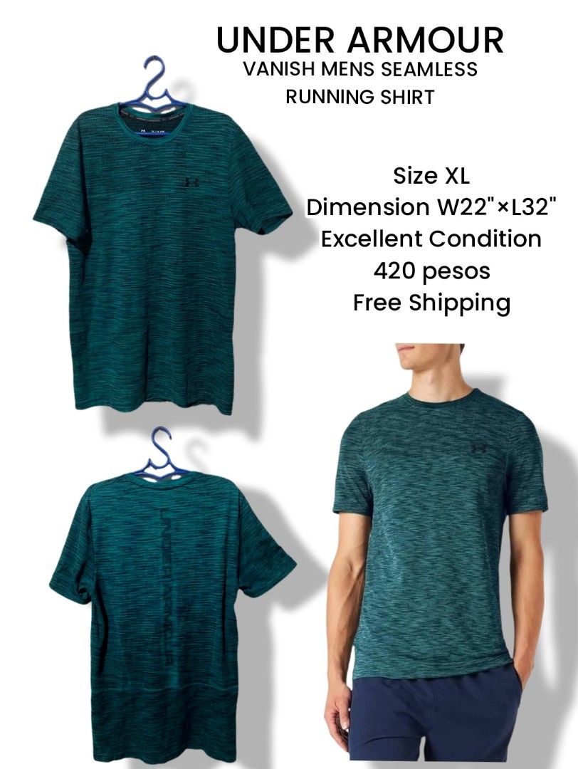 Under Armour Vanish Mens Seamless Running (Category: Activewear) located in Meycauayan. Submitted by epicforest_231b9d (Listing ID 1468396519, Image 1). Description: - Brand: Under Armour Vanish Men's Seamless Running Shirt - Color: Teal Heather - Size: XL (22" width x 32" length) - Material: Lightweight, breathable athletic fabric - Design: Subtle vertical Under Armour branding down the back - Condition: Excellent, zero flaws, snags, or stains -