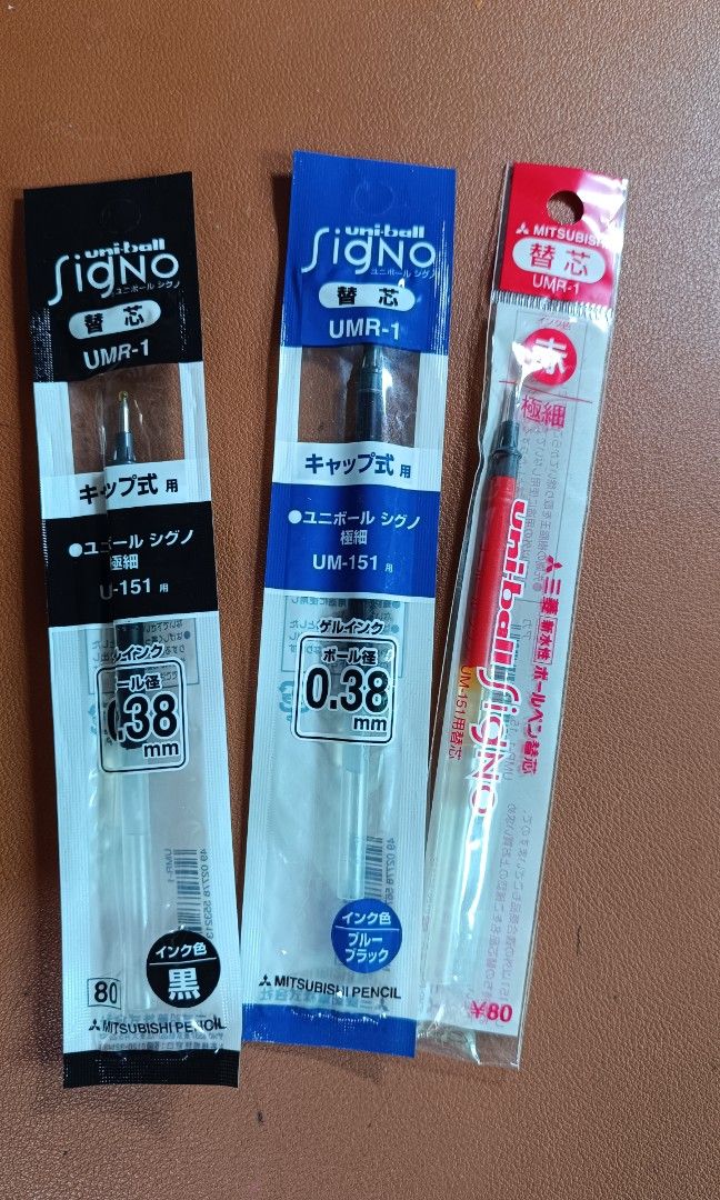 Uni-ball Signo Refill UMR-1 (Category: Stationery & School Supplies) located in Makati City. Submitted by jstreasuredfinds (Listing ID 1468312223, Image 1). Description: The refill has a rounded nib designed to reduce friction with the writing surface. It is compatible with Uni-ball Signo UM-151 0.38 mm Gel Pen. Pen not included. Refill only. Black - 13pcs Blue - 1pc Red - 2pcs.
