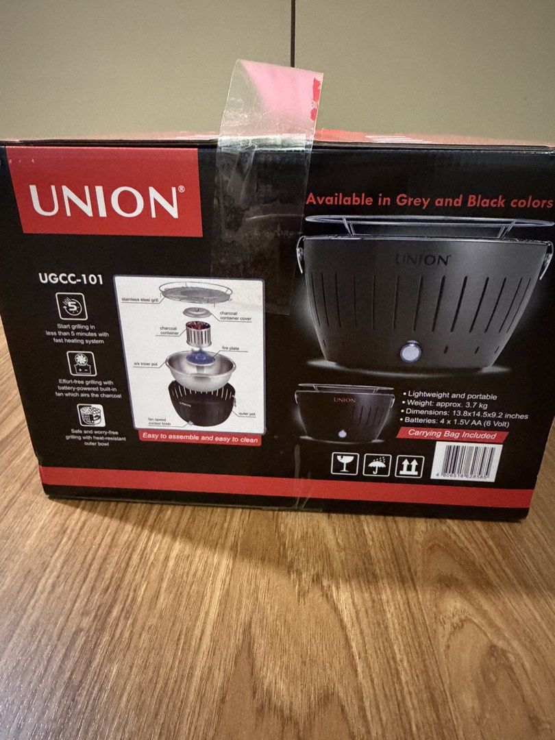 Union Smokeless Charcoal Grill UGCC-101 (Category: BBQ, Grills & Hotpots) located in Cavite. Submitted by kayatc (Listing ID 1468357932, Image 2). Description: - Model: Union Smokeless Charcoal Grill (UGCC-101) - Fast Heating: Reaches cooking temperature in under 5 minutes - Battery-Powered Fan: Built-in fan regulates airflow for consistent heat - Lightweight & Portable: Weighs approximately 3.7 kg and includes a convenient carrying bag - Hassle-
