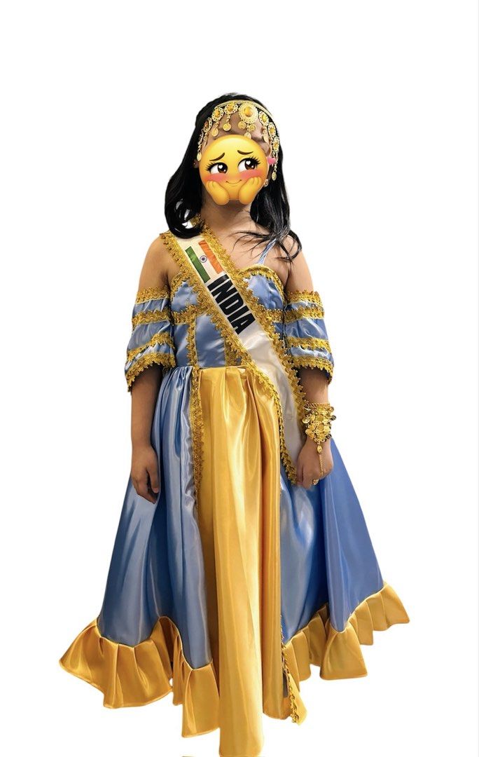 United Nation Costume (Category: Dresses) located in Manila. Submitted by avaya22 (Listing ID 1468386916, Image 2). Description: - Used once during united nation activity - With complete accessories (headdress, bracelet, India sash) - Material: Premium blue and yellow satin - Design: Elegant off shoulder draped sleeves with supportive spaghetti straps - Details: Intricate gold lace trim on the bodice, skirt panels, and sleeves - Skirt: Vibrant ye