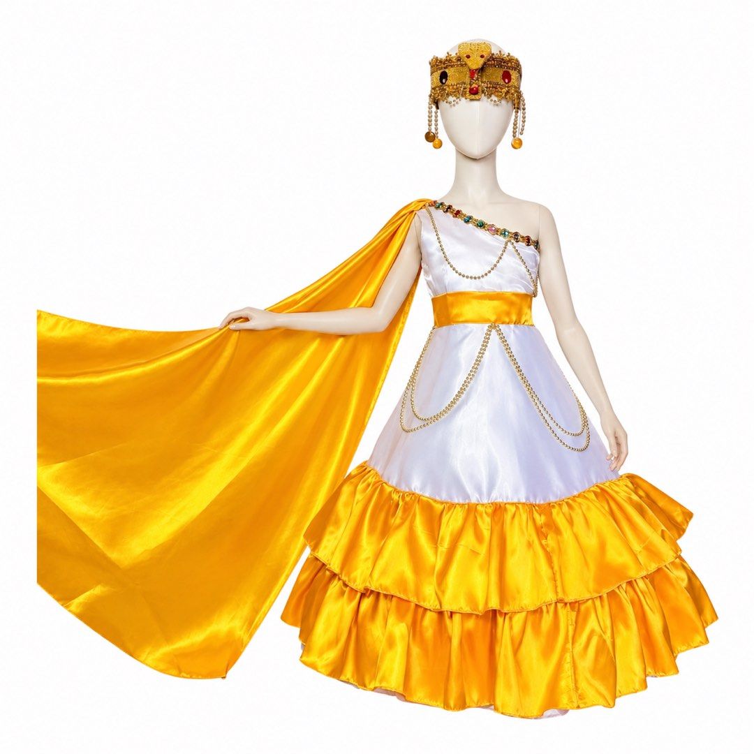 United Nation Costume (Category: Traditional & Ethnic wear) located in Manila. Submitted by avaya22 (Listing ID 1468392744, Image 1). Description: -Used once during united nation -With complete accessories (headdress, arm accessories, leaf earrings, greece sash) -Greek goddess costume set in white and yellow satin. -Includes a sleeveless dress featuring gold chain details, matching yellow cape, and an ornate rhinestone crown with hanging beads. -
