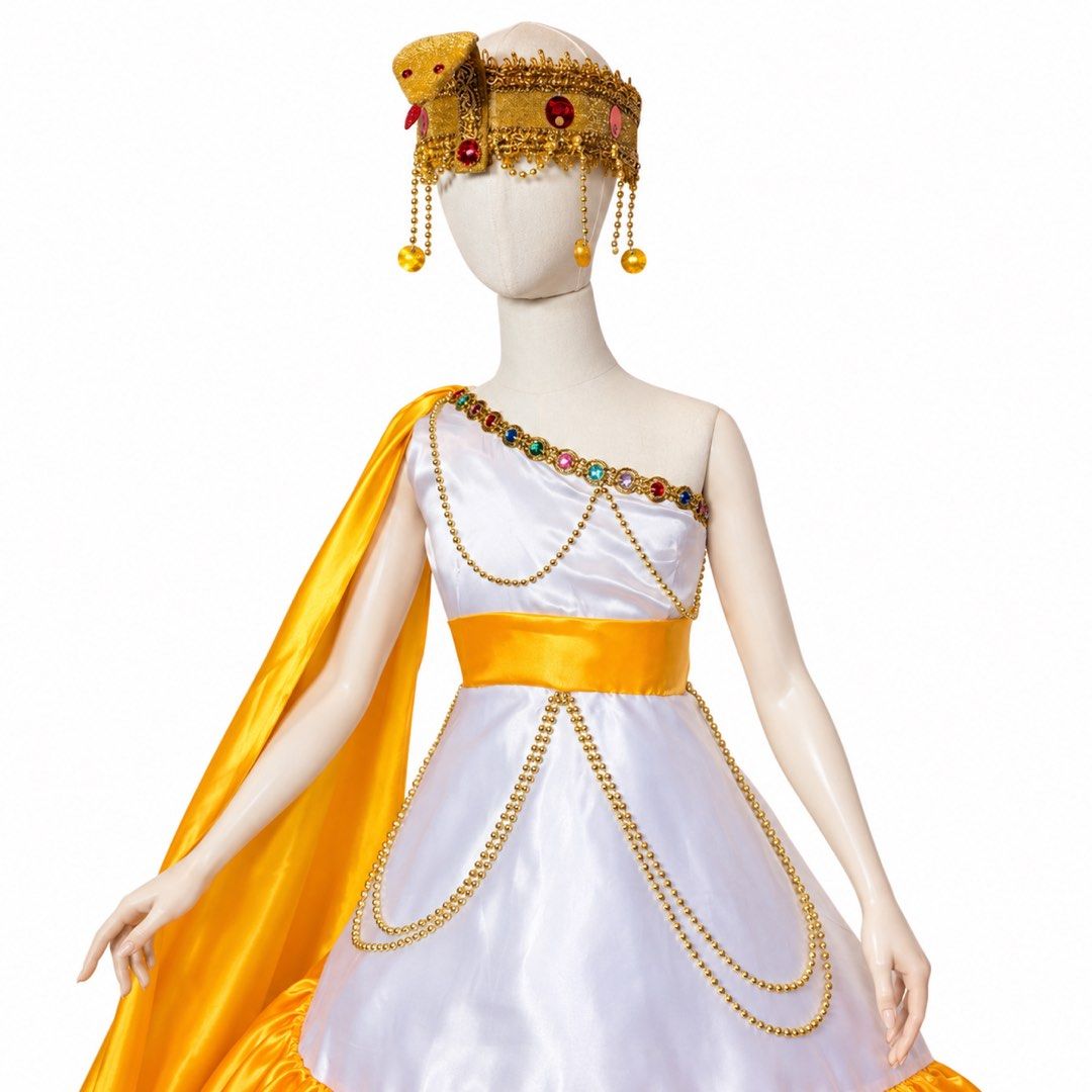 United Nation Costume (Category: Traditional & Ethnic wear) located in Manila. Submitted by avaya22 (Listing ID 1468392744, Image 2). Description: -Used once during united nation -With complete accessories (headdress, arm accessories, leaf earrings, greece sash) -Greek goddess costume set in white and yellow satin. -Includes a sleeveless dress featuring gold chain details, matching yellow cape, and an ornate rhinestone crown with hanging beads. -