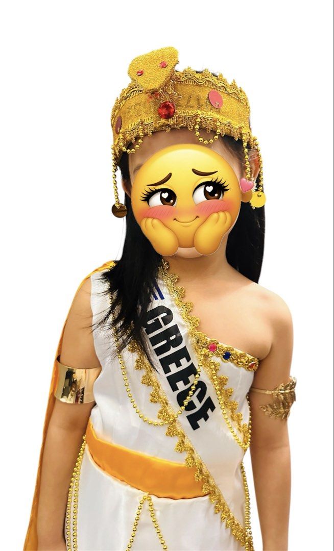 United Nation Costume (Category: Traditional & Ethnic wear) located in Manila. Submitted by avaya22 (Listing ID 1468392744, Image 3). Description: -Used once during united nation -With complete accessories (headdress, arm accessories, leaf earrings, greece sash) -Greek goddess costume set in white and yellow satin. -Includes a sleeveless dress featuring gold chain details, matching yellow cape, and an ornate rhinestone crown with hanging beads. -