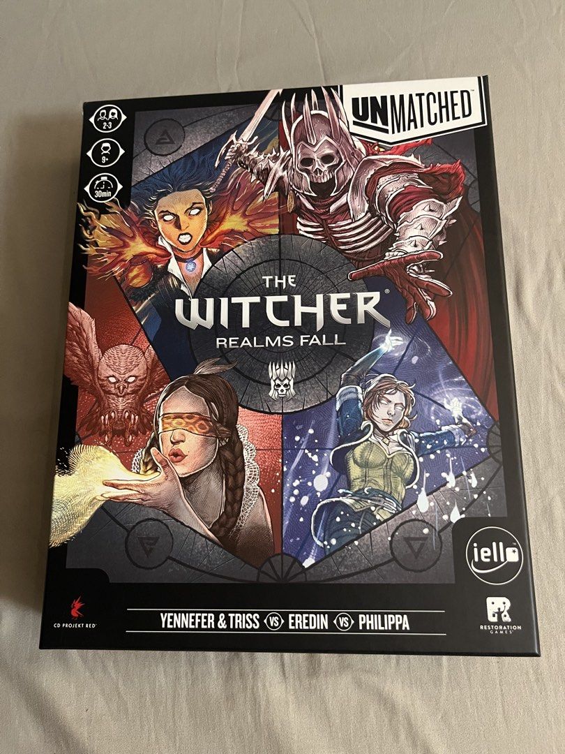 Unmatched The Witcher Realms Fall Board Game (Category: Board Games & Puzzles) located in Manila. Submitted by lancitooy (Listing ID 1468399408, Image 1). Description: - Official Witcher universe strategy game by IELLO and Restoration Games (CD Projekt Red license) - Includes iconic characters: Yennefer, Triss, Eredin, and Philippa - Fast-paced gameplay: 2 to 3 players, around 30 minutes per match - Complete set with all miniature figures, cards,