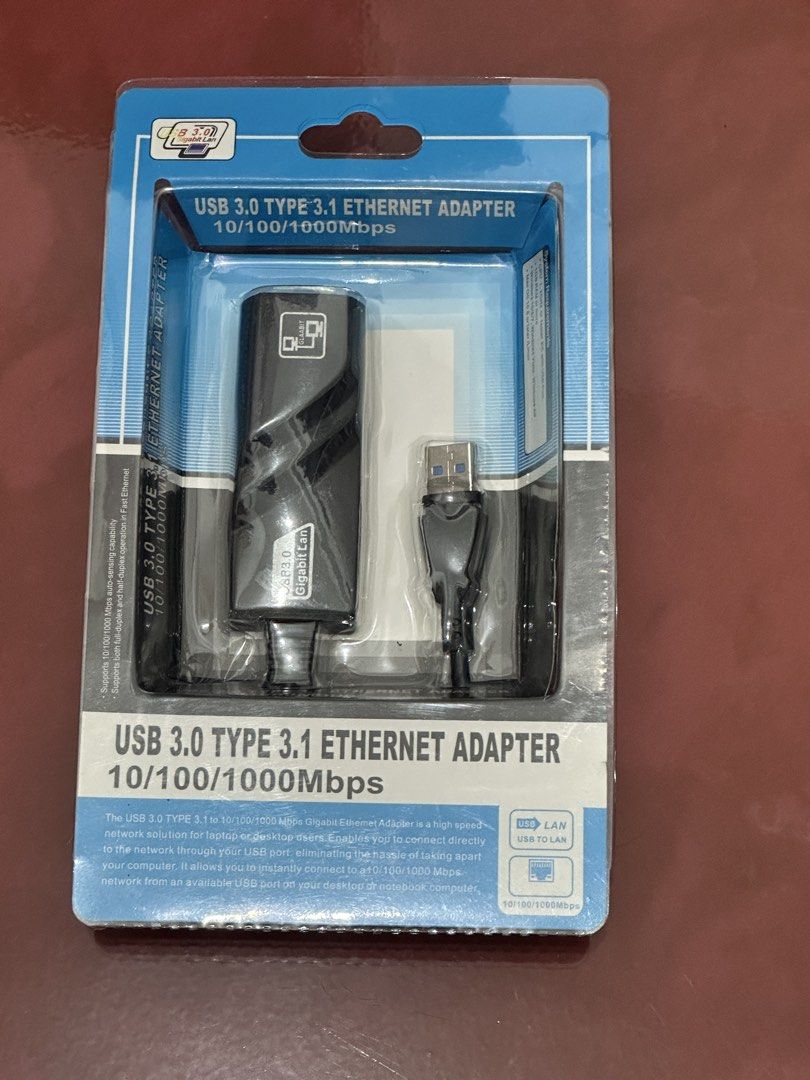 USB 3.0 Type to 3.1 Ethernet Adapter (Category: Cables & Adaptors) located in Manila. Submitted by artemius30 (Listing ID 1468355503, Image 1). Description: FOR SALE: USB 3.0 Type to 3.1 Ethernet Adapter 💸 bought for ₱350 | selling for ₱295 only! ✅ never been used 📦 with original packaging ⚡ supports 10/100/1000 Mbps Gigabit Ethernet 🔌 USB to LAN adapter — perfect for laptops and desktop PCs RFS: accidentally purchased twice. 📍 Meet-up locati