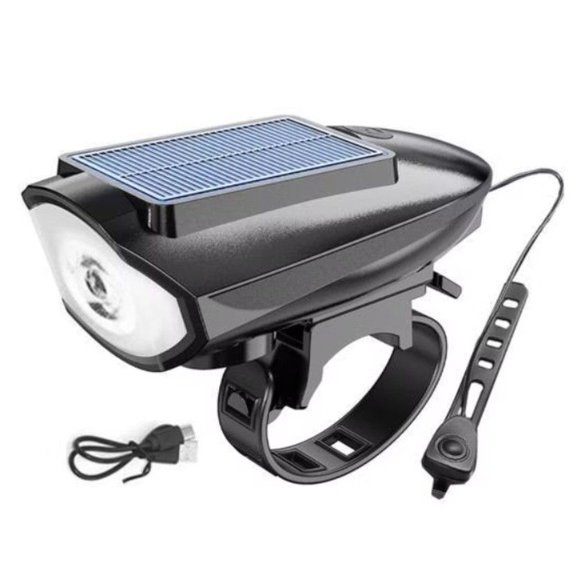 USB Solar Powered LED Bicycle Headlight with Horn (Category: Bicycles) located in Mandaluyong City. Submitted by theosystem (Listing ID 1468409238, Image 2). Description: - Dual-powered LED bicycle headlight (solar panel & USB rechargeable) - Includes wired horn control button for added safety - Bright front beam for safe night riding - Quick and easy handlebar attachment/removal - Charging cable NO BOX WITH FREE USED REAR LIGHT TAKE ALL FOR 249.
