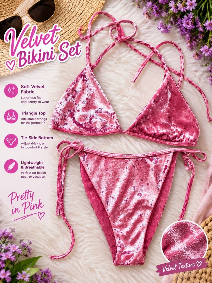 Velvet Pink Bikini Set Triangle Top Tie-Side Bottom (Category: Bikinis & Swimsuits) located in Batangas. Submitted by mace2014 (Listing ID 1468301048, Image 1). Description: - Style: Pink velvet bikini set with triangle top and tie-side bottoms - Fit: Fully adjustable strings and ties for a custom fit. - Comfort: Soft, lightweight velvet fabric that feels great on skin - Occasion: Ideal for beach trips, pool days, and tropical vacations FREE:2 Pi