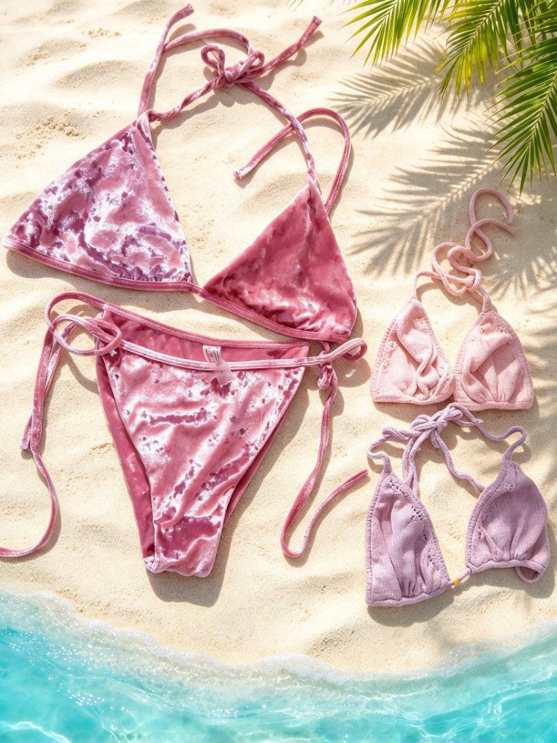 Velvet Pink Bikini Set Triangle Top Tie-Side Bottom (Category: Bikinis & Swimsuits) located in Batangas. Submitted by mace2014 (Listing ID 1468301048, Image 2). Description: - Style: Pink velvet bikini set with triangle top and tie-side bottoms - Fit: Fully adjustable strings and ties for a custom fit. - Comfort: Soft, lightweight velvet fabric that feels great on skin - Occasion: Ideal for beach trips, pool days, and tropical vacations FREE:2 Pi
