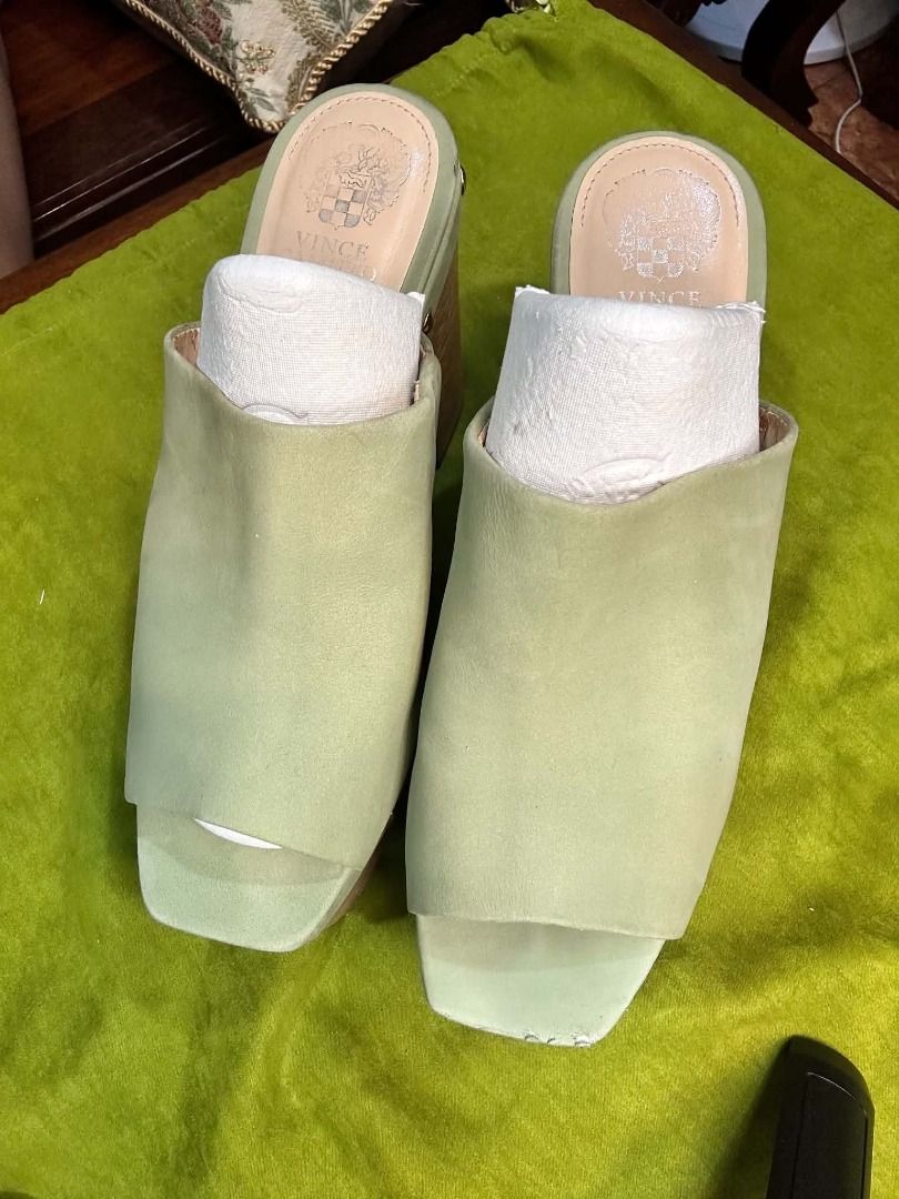 Vince Camuto Jeckima Platform Mule (Category: Sneakers & Footwear) located in Quezon City. Submitted by abk_storemandaluyong25 (Listing ID 1468459772, Image 1). Description: • Brand: Vince Camuto • Model: Jeckima Platform Mule / Wood Heeled Clog • Colorway: Sage Green / Olive Nubuck Suede • Design Features: A '70s-inspired platform mule featuring a soft matte sage green suede upper, an open square toe, a thick faux-wood or real wood block heel, a