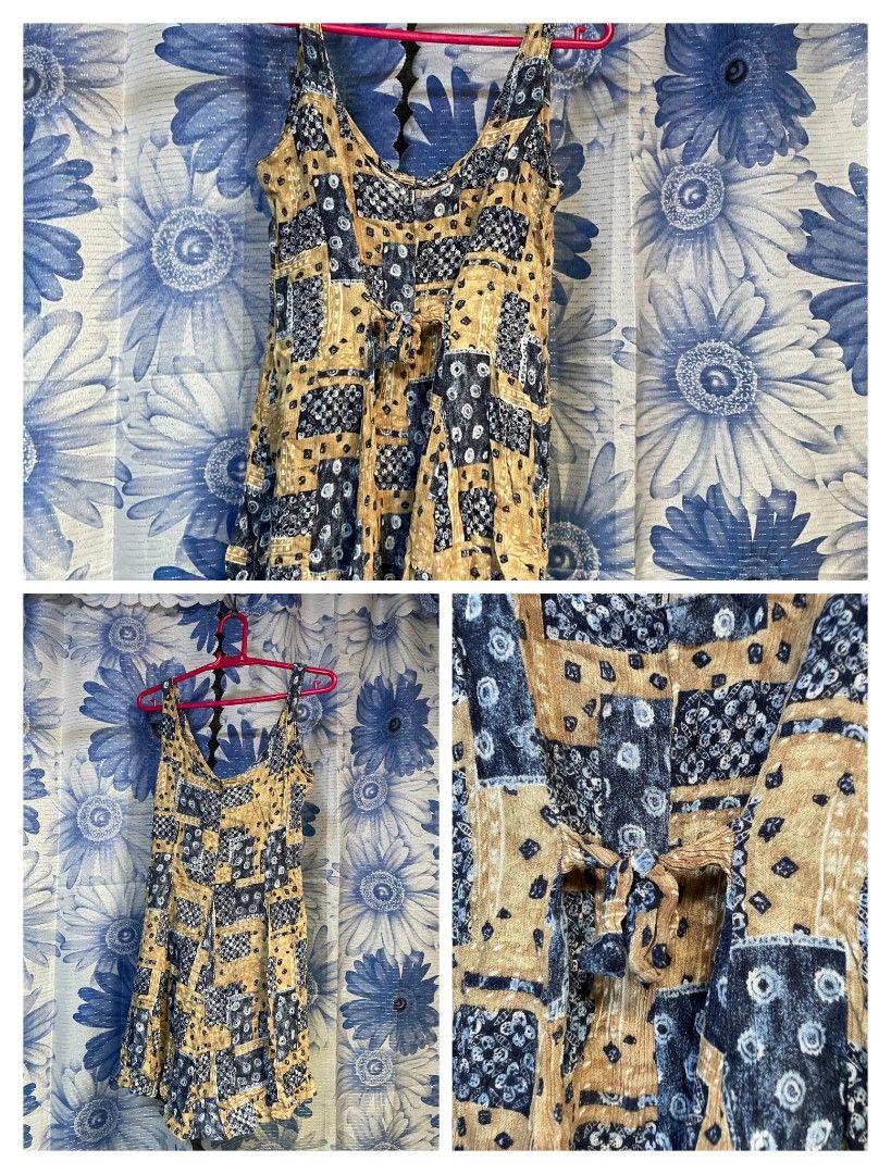 Vintage Blue and Beige Patchwork Print Summer Dress (Category: Dresses) located in Manila. Submitted by arimad.clo (Listing ID 1468379231, Image 1). Description: - Design: Blue and beige patchwork print with a vintage aesthetic - Style: Sleeveless with a scoop neckline and easy slip-on design - Fit & Detail: Features a self-tie ribbon at the back waist - Comfort: Lightweight fabric, super comfy for warm weather.