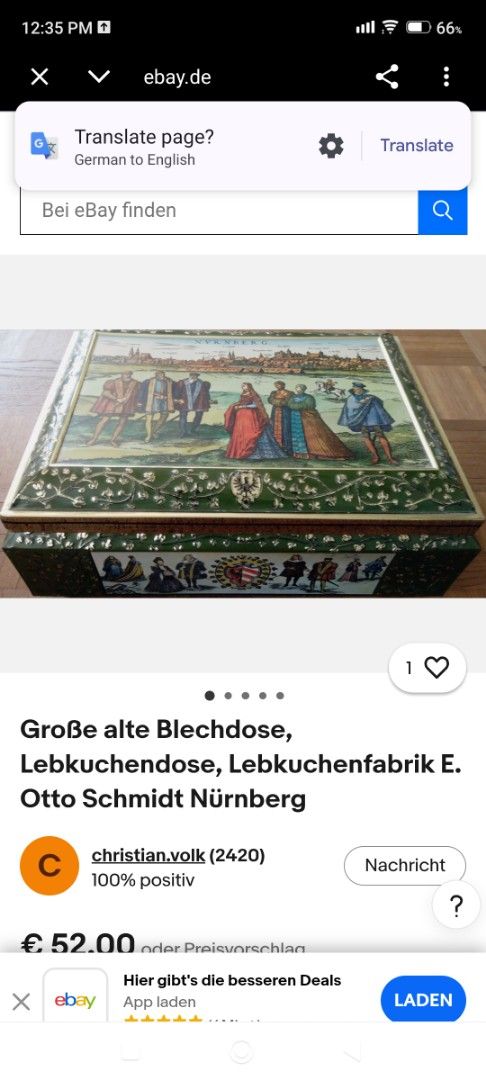 Vintage E. Otto Schmidt tin can (Category: Vintage Collectibles) located in Mandaluyong City. Submitted by LEATHERFACE (Listing ID 1468320680, Image 2). Description: - Authentic vintage E. Otto Schmidt Nürnberg gingerbread tin - Lid features a detailed historical print of the Nuremberg city view and period figures - Beautiful ornate embossed green border with floral and crest motifs - Ideal as a collector's item or decorative storage box - Well-s