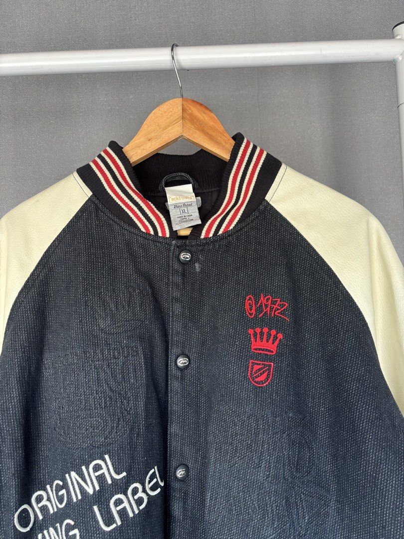 Vintage ecko leather jacket (Category: Coats, Jackets and Outerwear) located in Manila. Submitted by austinace04 (Listing ID 1468289324, Image 2). Description: Excellent condition Size xl on tag 24 x 29 9.8/10 color rate Honest issue 2 small pin hole sa lower ledt portion not visible .