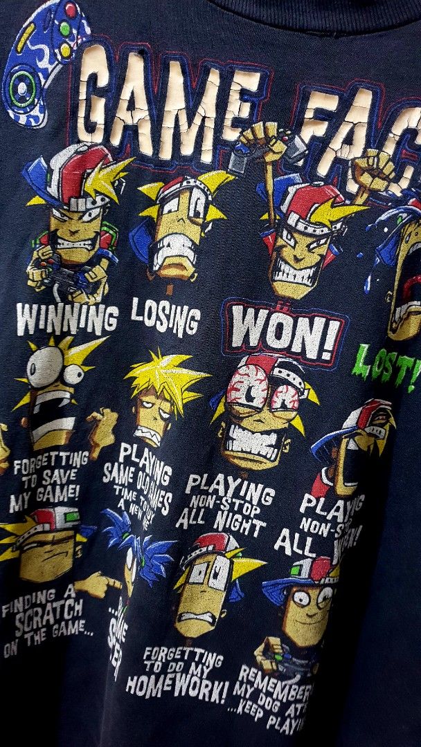 Vintage Game Face Gamer (Category: Tshirts & Polo Shirts ) located in Taguig. Submitted by wethrifting2021 (Listing ID 1468417500, Image 3). Description: Item: Vintage Game Face (Metal Slug)🔥 Size: Cut tag Width: 20.5 Length: 25.5 Condition: Good Issue: Trash Condition SWIPE MORE DETAILS. DM to purchase 📩.