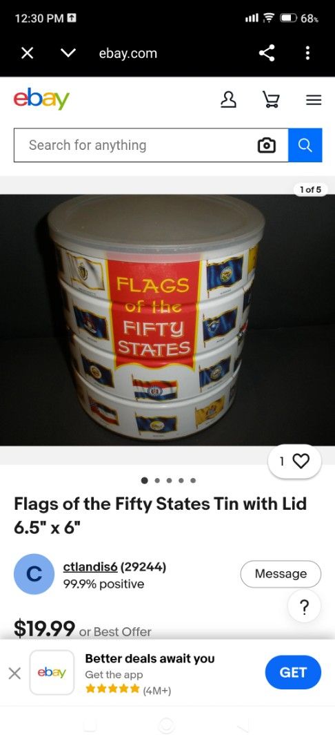VINTAGE HILLS BRO TIN CAN (Category: Vintage Collectibles) located in Mandaluyong City. Submitted by LEATHERFACE (Listing ID 1468323448, Image 2). Description: - Vintage metal storage tin featuring all 50 US state flags - Design: White body with a bold red central panel and matching red lid - Size: Approximately 6.5 inches by 6 inches - Condition: Good, perfect for Americana and vintage collectors - Ideal for display or unique small storage.