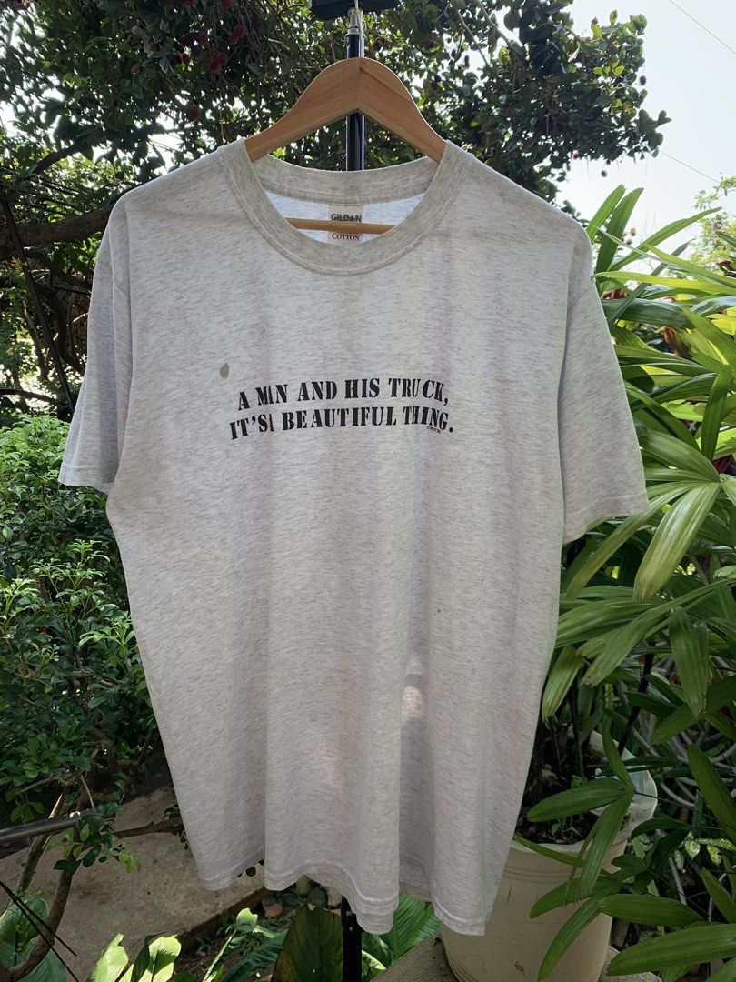 Vintage late 1990s/Y2K statement tee (Category: Tshirts & Polo Shirts ) located in Cagayan de Oro. Submitted by premium_thrifts (Listing ID 1468402483, Image 2). Description: Gray colorway. Good condition. Double stitch on both sleeves and hem Fits Large L29.5" x W21.5" 20" (shoulder to shoulder) 9" (sleeve length) Issue: faint spot stains on some parts, yellow stains and tears on the collar Add shipping fee (via JRS or J&T).