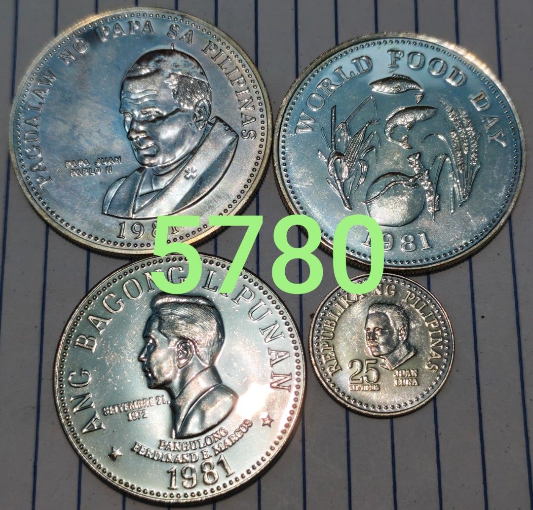 Vintage Philippine commemorative coins set 1981 (Category: Currency) located in Paranaque City. Submitted by independentman07 (Listing ID 1468288882, Image 1). Description: - Set of 4 Philippine commemorative coins dated 1981 - Includes 50 Piso Pope John Paul II visit coin - Includes 25 Piso World Food Day coin - Includes 5 Piso Ang Bagong Lipunan coin - Includes 25 Sentimo coin - Clean surfaces with well-preserved, clear details - Ideal addition