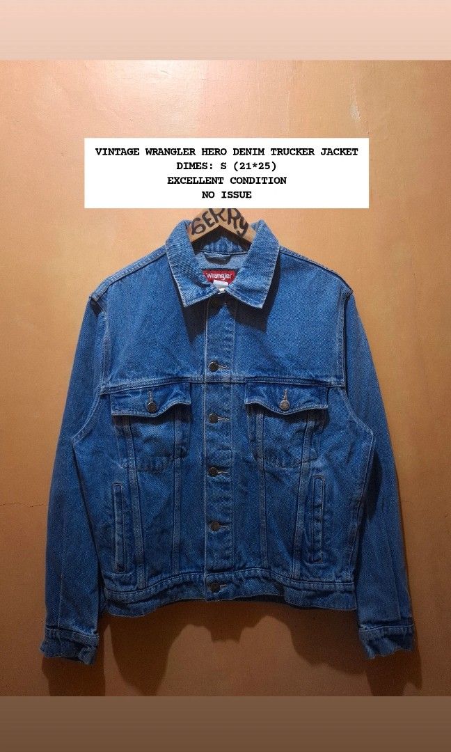 VINTAGE WRANGLER HERO TRUCKER JACKET - SMALL (Category: Coats, Jackets and Outerwear) located in Manila. Submitted by bonaobrag55538 (Listing ID 1468337458, Image 1). Description: DIMES: S (21*25) EXCELLENT CONDITION NO ISSUE.