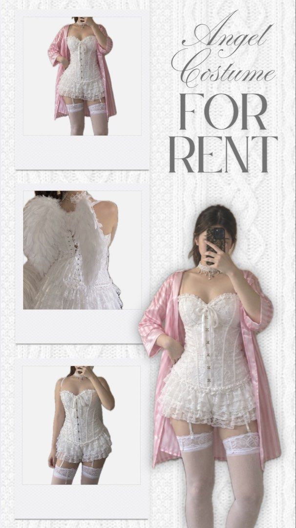 Vs Angel Model Halloween Costume Set (Category: Sets or Coordinates) located in Manila. Submitted by ishaa908 (Listing ID 1466951431, Image 1). Description: 🪽 PINK ANGEL COSTUME FOR RENT 🎀 WHAT YOU’LL GET: * Pink striped satin robe * White lace corset-style top * White lace shorts * White angel wings * Pearl headpiece * Lace choker * White lace thigh-high stockings Size: xs to m RENTAL FEE: ₱1,000 PAYMENT DETAILS: * ₱500 down payment to reserve