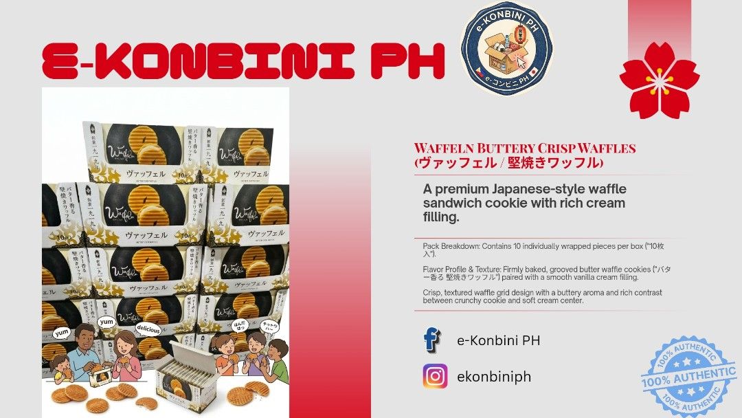 Waffeln Buttery Crisp Waffles Japanese Snack Box (Category: Packaged & Instant Food) located in Quezon City. Submitted by jcn27 (Listing ID 1468302723, Image 2). Description: - Premium Japanese waffle sandwich cookies - 10 individually wrapped pieces per box - Firmly baked, grooved butter waffle cookies - Smooth vanilla cream filling - Crisp, textured waffle grid design with a rich buttery aroma.