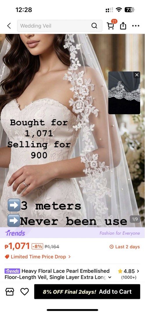 Wedding Veil Brandnew (Category: Evening dresses & gowns) located in Pasay City. Submitted by chanel_eya2020 (Listing ID 1468306071, Image 1). Description: 3 meters maganda siya sayang lang kasi 5 meters yung gown ko maya hindi sakto yung veil.
