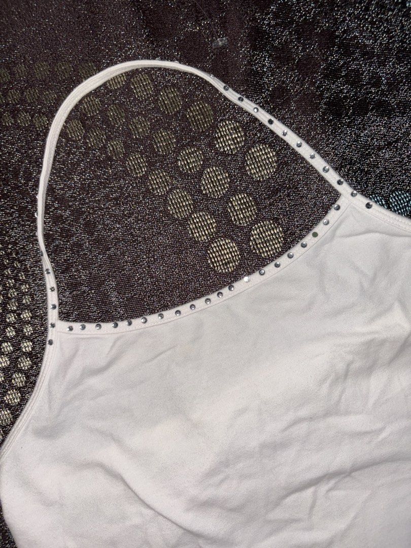 white rhinestone halter top (Category: Blouses) located in Baybay. Submitted by wicosopa (Listing ID 1468411245, Image 2). Description: this one’s cute cute 🤩 can fit s-m frames flaws: missing rhinestones price + sf mop: gcash mod: j&t.