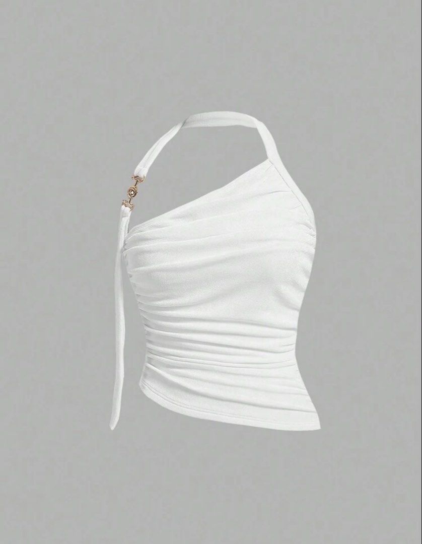 White Ruched Asymmetric Halter Top with Gold Ring (Category: Sleeveless) located in Manila. Submitted by lucipurrpreloved (Listing ID 1468330939, Image 1). Description: Fitted only, did not use - Color: White - Style: One-shoulder ruched halter top with chic gold metal ring link - Design: Soft draped fabric with a trendy asymmetric hem - Versatility: Perfect for casual daytime wear or stylish night outs - Pairing: Easily matches with high-waisted