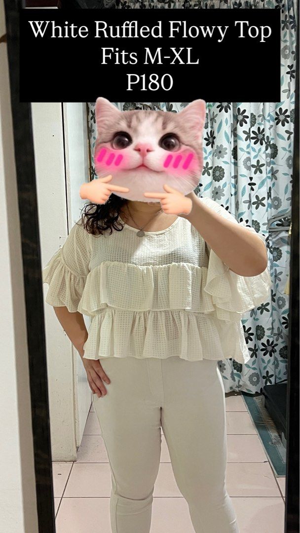 White Ruffled Flowy Top (Category: Blouses) located in Cebu City. Submitted by fromreggg (Listing ID 1468320844, Image 1). Description: White Ruffled Flowy Top Fits M-XL P180.