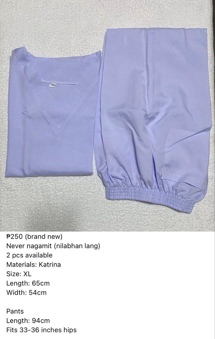 White scrubsuit (Category: Activewear) located in Morong. Submitted by fcjonline528 (Listing ID 1468419707, Image 1). Description: Materials: Katrina Size: XL 2 pcs. Available on hand Measurement was indicated in the photo.
